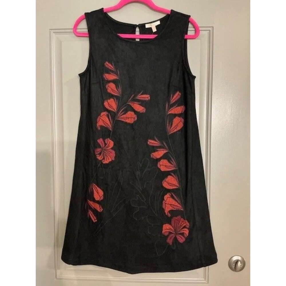 Skies are Blue Black Vegan Suede burnt orange floral embroidered Dress Sz M NWT